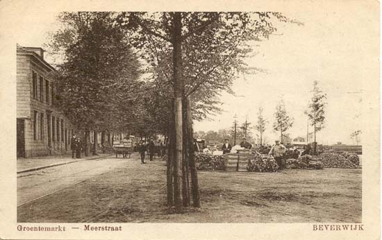 Meerstraat
Van het begin van de twintiger jaren dateert deze ansichtkaart en links zien wij de pastorie van de Doopsgezinde Kerk. Reeds in 1880 werd op de Meer de eerste afslagmarkt gevestigd. De goederen werden bij afslag verkocht waardoor het zelfmarkten van de tuinders verdween. De tuinbouwproducten werden dan op de Meer verkocht en gekocht, later kwamen de veilingen. De heren Meijer, Tegel en Sluiter vestigden de eerste afslagmarkt, bekende namen van later waren Kluft en Tervoort en Chr.Duin.
Keywords: Meerstraat de meer meerplein bwijk