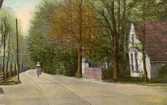 Zeestraat
Een eenzame fietser ter hoogte van het tuinmanshuis van Co de Wilde. Dit stukje van de Zeestraat werd in de volksmond ook wel de Laan naar Westerhout genoemd. Gelet op dame, fiets en tramrails moet de kaart van rond 1915 zijn. 
Jan Bicker, scheepsbouwer en handelaar voor met name het Midden-Oosten, bouwde Akerendam maar in later jaren ook Duynwijck. Jan Bicker was een telg uit een Amsterdams regentengeslacht. Het buiten Duynwijck bestaat al lang niet meer, maar de tuinders- annex koetsierswoning genummerd Zeestraat 127, is gebleven en lange tijd bewoond geweest door Co de Wilde. Maar al in 1827 duikt voor het eerst de familienaam De Wilde op. Jan Jacobus de Wilde kocht toen de woning en de gronden. De gronden gelegen tussen Duinwijklaan (vroeger werd deze weg ook Romerkerkweg genoemd), Zeestraat (Zeeweg) en Vondellaan (Naerderweg) waren bekend als de Brittenbuert. Het perceel is tot monument verklaard, het is een bakstenen huis met bakstenen pijlers. De gronden waarop Duinwijck stond zijn in de loop van de jaren bebouwd, onder andere het tennispark maakt er deel van uit.
Keywords: zeestraat bwijk